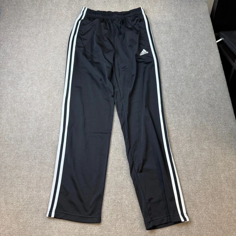 NWT Adidas H46110 Men's S Black Essentials Warm-Up Track Pants Open Hem 3-Strip